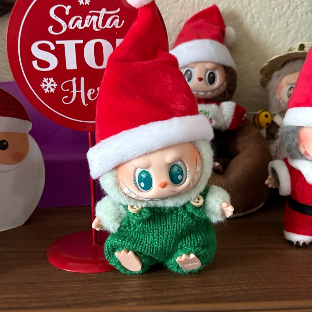 Festive Green Elf Doll with Red Santa Hat Labubu clothing only